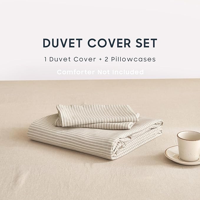 Wake In Cloud - Striped Cotton Duvet Cover Set, 100% Washed Cotton Textured Bedding Set, Ticking Stripe Pinstripe Farmhouse, 3 Pieces, Tan, Twin/Twin XL Size