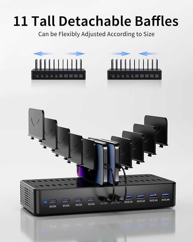100W Charging Station for Multiple Devices, 10-Port USB Fast Charging Station with Adjustable Dividers & 10 Cables- Multi Device Organizer Charging Dock for iPhone, iPad, Tablets & More(Black)