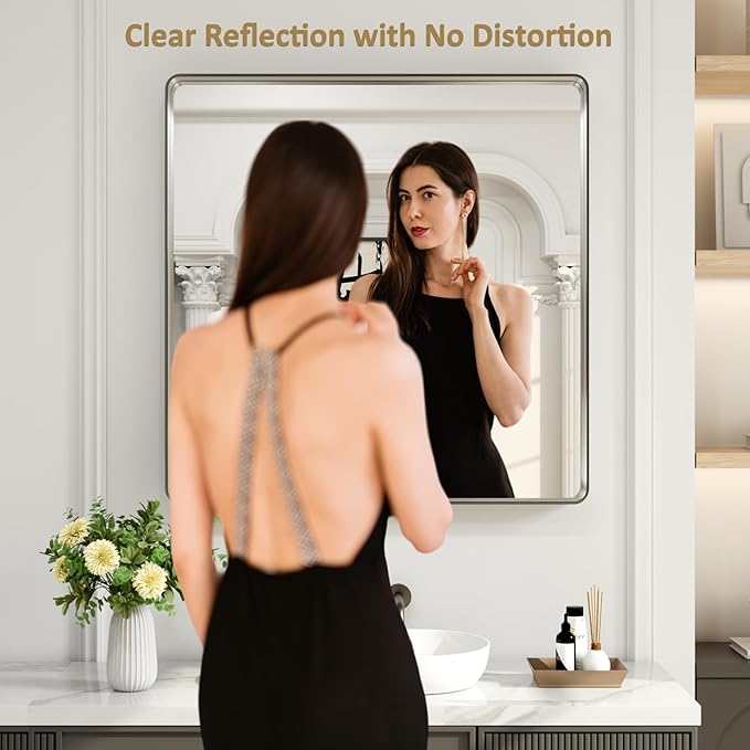 LOAAO 38X38 Inch Brushed Nickel Bathroom Mirror, Rounded Rectangle Silver Metal Frame Mirror, Brushed Nickel, Anti-Rust, Shatter Proof, Hangs Horizontally or Vertically