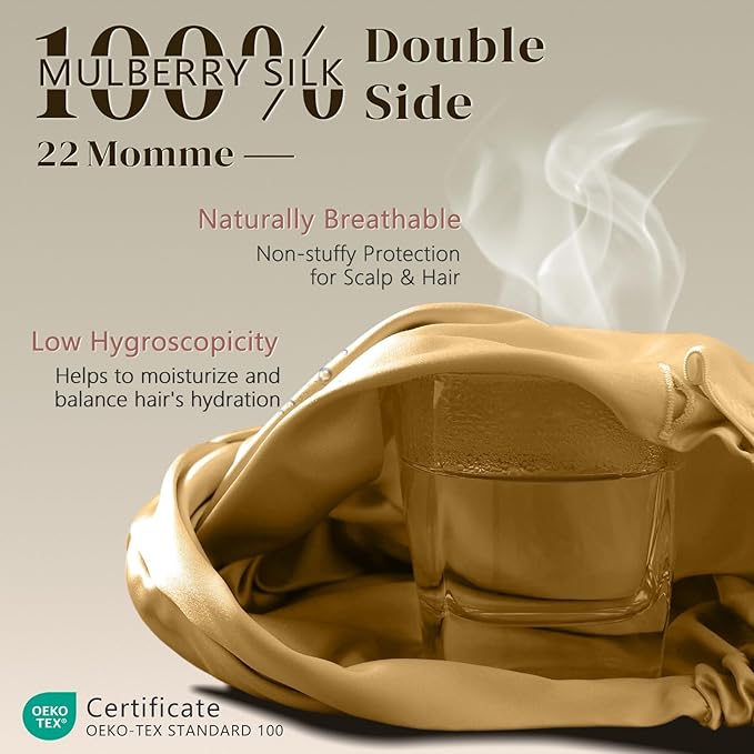 ZIMASILK 100% 22 Momme Mulberry Silk Bonnet for Sleeping Women, Breathable Silk Hair Wrap for Premium Hair Protection - Reducing Friction (1Pc, Gold)