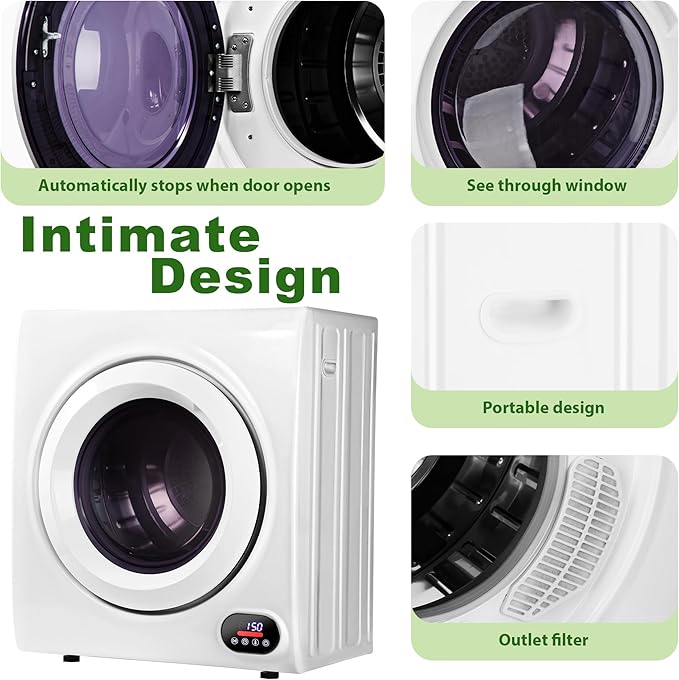 Euhomy Compact Laundry Dryer, 2.65 cu ft Front Load Stainless Steel Clothes Dryers With Exhaust Pipe, 1400W, LCD Control Panel Four-Function Portable Dryer For Apartments, Home, Dorm, White