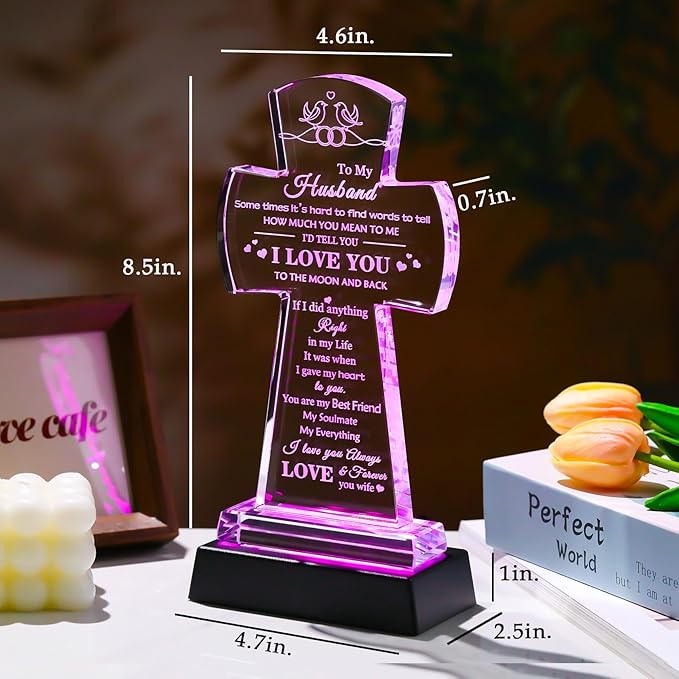 Movdyka Husband Gifts from Wife, Birthday Christmas Anniversary Religious Gifts for Husband Glass Cross Keepsake with Colorful Base, Best Husband Ever Gifts for Him who has Everything