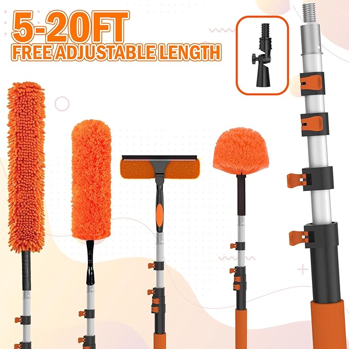 LAANPOLE 26FT High Reach Duster Cleaning Kit with Extension Pole, High Ceiling Fan Cleaner Duster Tool for Fan Blades, Window Washing Kit with Microfiber Feather Duster & Window Squeegee