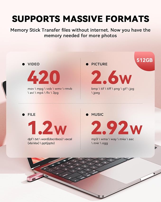 MFi Certified 512GB iPhone Photo Stick, High-Speed USB Flash Drive Memory Storage for Video Backup, Compatible for iPhone/iPad/Android/PC (Pink)