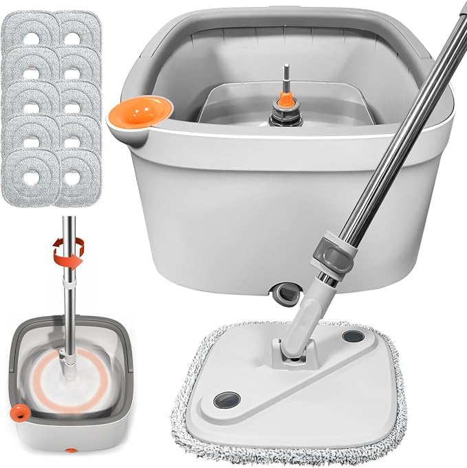 Spin Mop and Bucket with Self Separation Dirty and Clean Water System, Self Wringing 360° Rotating Clean Mop-Head and Bucket Set for Hardwood Tile Marble Floors with 10Pads-Grey