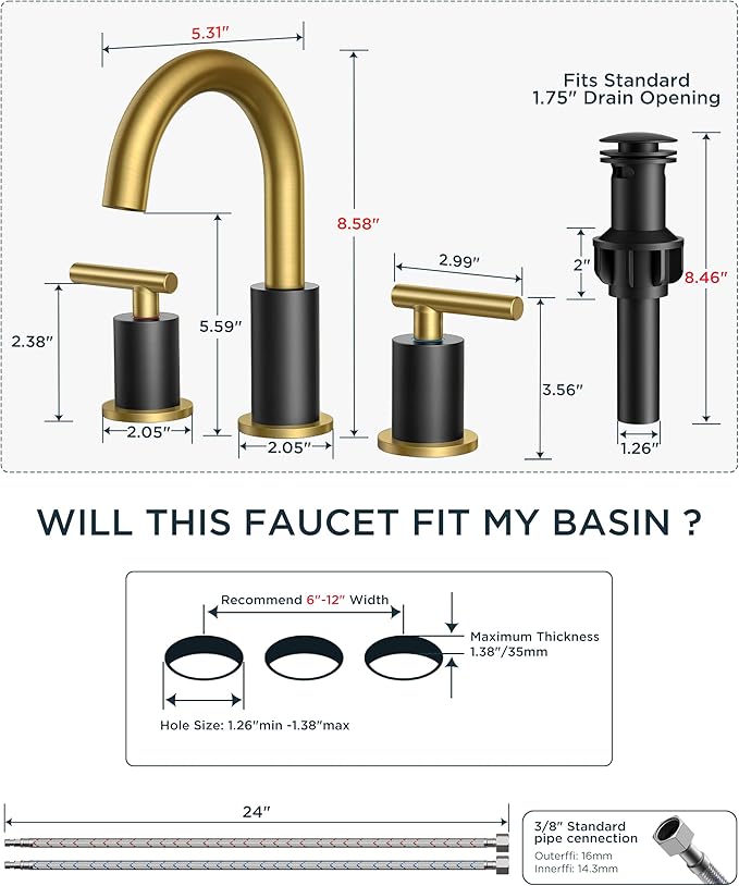 FORIOUS Black and Gold Bathroom Faucet 3 Hole with Pop Up Drain and 24 in Supply Line, 2 Handle Modern Bathroom Vanity Faucet Widespread 8 inch with 360 Degree Swivel Gooseneck, for 6" to 12" Basin
