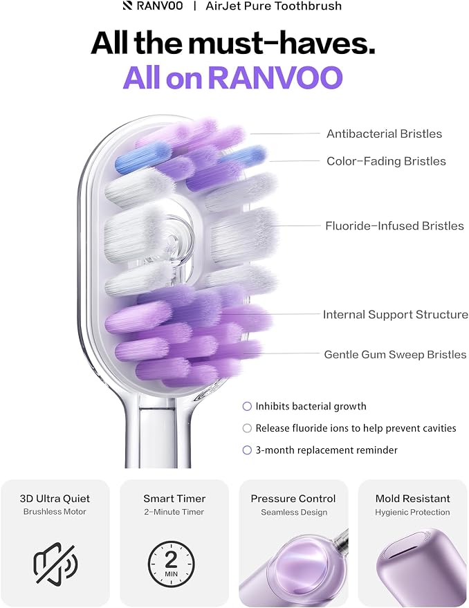 RANVOO AirJet P5 [New-Gen Bubble Brush | Low Friction Advanced Clean] Electric Toothbrush for Adults, Plaque Removal, Teeth Whitening & Gum Care, 90-Day Battery, Travel Case Included, Purple