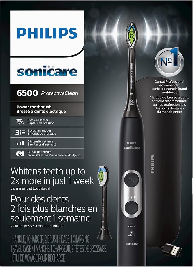 Philips Sonicare ProtectiveClean 6500 Rechargeable Electric Toothbrush, with Pressure Sensor, 3 Cleaning Modes, SmarTimer and QuadPacer, 14-Day Battery Life, Charging Travel Case, Black, HX6462/08