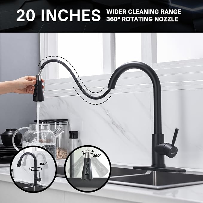 WEWE Black Kitchen Faucet, Leak Proof Kitchen Faucets with Pull Down Sprayer Commercial Stainless Steel Single Handle Single Hole Kitchen Sink Faucet for Farmhouse Camper Laundry Rv Bar