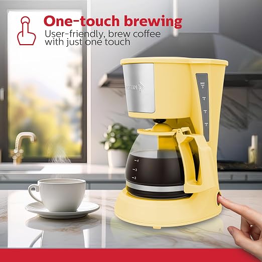 Holstein Housewares 5 Cup Drip Coffee Maker – Compact and User-Friendly with Auto Pause & Serve, Reusable Filter, Measuring Spoon & Glass Carafe, Office & Dorm Use, Yellow