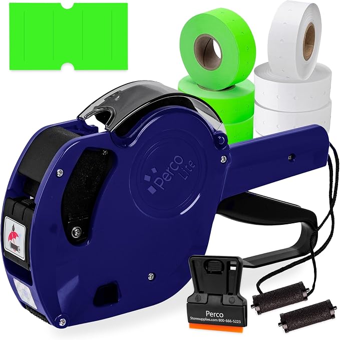 Perco Lite 1 Line Price Gun Kit for Retail Business – Includes 2 White Rolls, 4 Fluorescent Green Rolls, Gun Clip & Ink Rollers – Pre-Loaded Pricing Gun w Labels & Ink