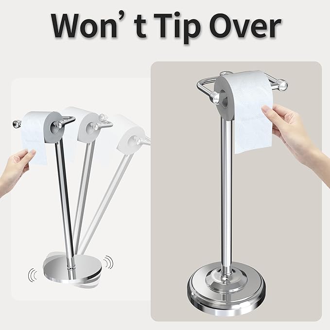 Toilet Paper Holder Stand, Toilet Paper Holder Free Standing,Post Pivoting Design & Stable Weighted Base SUS304 Stainless Steel for Bathroom (Chrome)