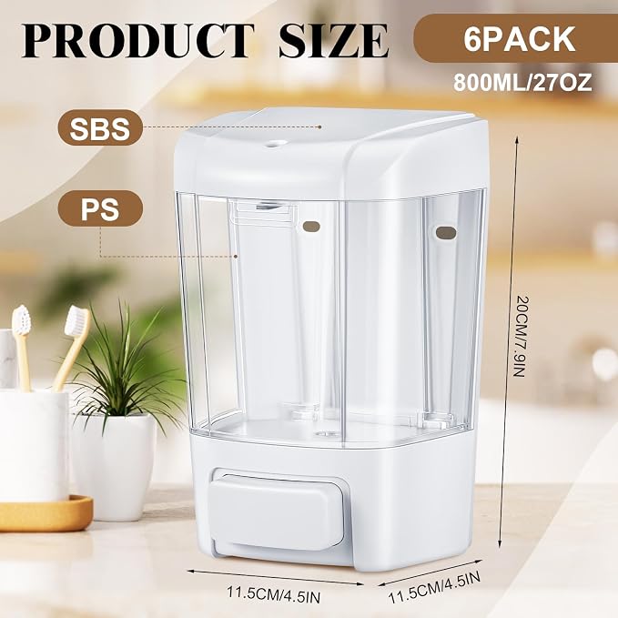 Hushee 6 Pcs Plastic Wall Mounted Soap Dispenser Commercial Manual Soap Dispenser Containers for Kitchen Shower Hotel(White,27 oz 800 ml)