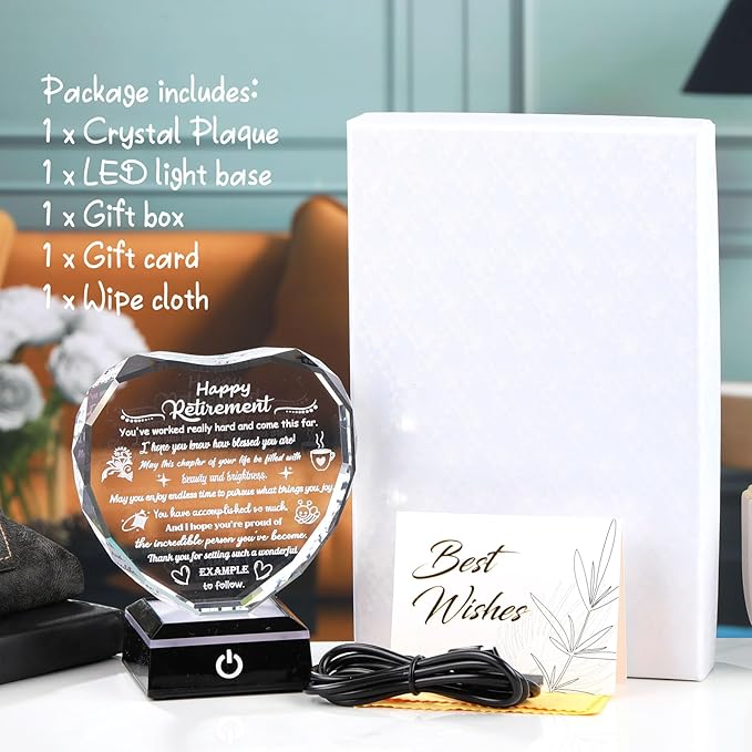Happy Retirement Gifts for Women Men Crystal Plaque & Keepsake with LED Base Heartfelt Farewell Retired Presents for Boss Colleagues Coworkers Friends