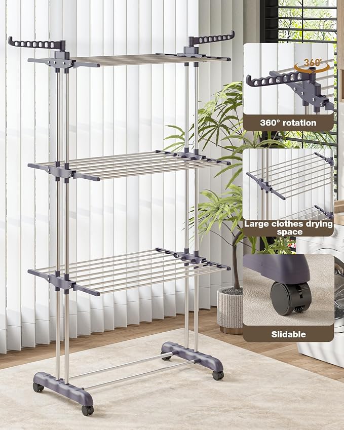 Bigzzia Clothes Drying Rack Folding Drying Rack Clothing 4 Tier Clothes Horses Rack Stainless Steel Laundry Drying Rack with Two Side Wings Grey