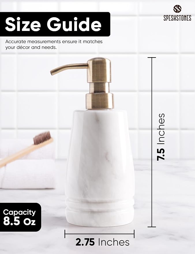 Marble Soap Dispenser 7.5'' White Dish Soap Dispenser with Stainless Steel Pump, Refillable Liquid Hand Soap Dispenser with 8.5 Oz Capacity for Kitchen Sink and Bathroom Countertop