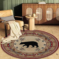 Village Cabin Bear Round Area Rug for Bedroom Vintage Red Indoor Door Mat Living Room Decor Rustic Lodge Border Circle Rugs 5'3ft