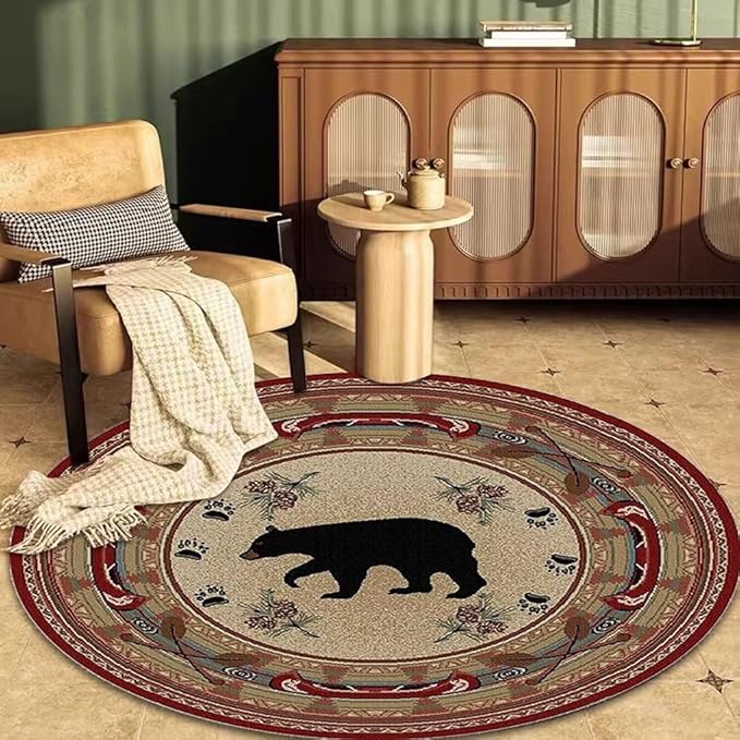 Village Cabin Bear Round Area Rug for Living Room Red Boat Paddle Print Carpet Apartment Decor Rustic Bear Empire Circle Rugs 6ft