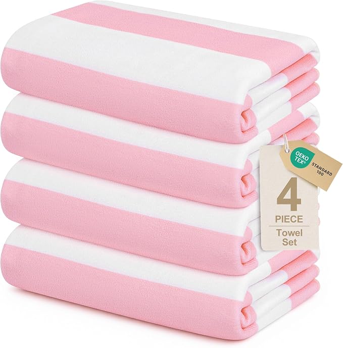 Touchat 4 Pack Beach Towels Cabana Stripe Polyester Lightweight Quick-Dry Swim Pool Towel, 30'' x 60'' Oversized Compact Travel Bath Towel, Camping | Ultra-Portable, Multi-Functional, Pink