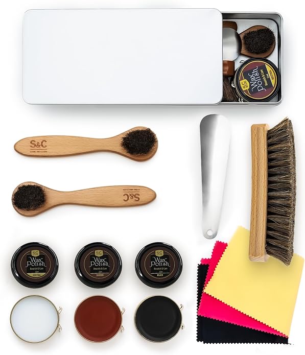 Stone and Clark Leather Shoe Shine Kit - 13 PCS Shoe Polish Kit for Complete Leather Boot Care, Compact & Travel Friendly