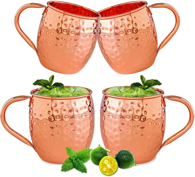 UNISWEET Moscow Mule Copper Mugs-100% Pure Copper Handmade, Classic Welding Handles, 16oz for Drinking, Premium Moscow Mule Copper Cups Set of 4 for Cold Drinks Cocktail Beer Wine Party Bar