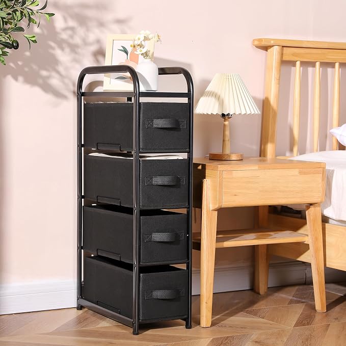 MAX Houser 4 Drawer Narrow Dresser Fabric Storage Tower Vertical Slim Storage Chest Organizer Nightstand Side/End Table Small Standing Organizer Removable Drawers Wood Top for Bedroom, Bathroom（Black