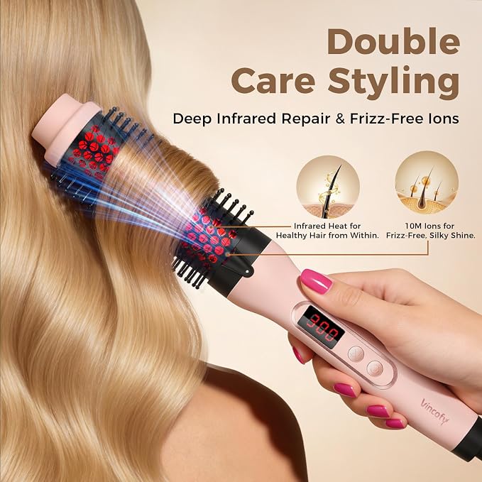Infrared Thermal Brush, Dual Voltage Negative Ions Heated Round Brush, 1 1/2 Inch Straightener & Curling Iron Brush 2 in 5, Dual PTC Non-Blowing Thermal Round for Wome, Fairy Pink