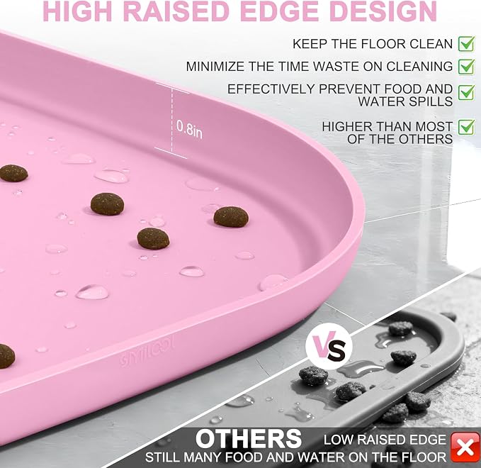 SMILOOL Waterproof Silicone Pet Food Mat with Raised Edge for Dog & Cat | 22" x 14" Non-Slip Pet Feeding Mats with Lip for Food & Water Bowl, Food Grade, Easy Cleaning, Pink