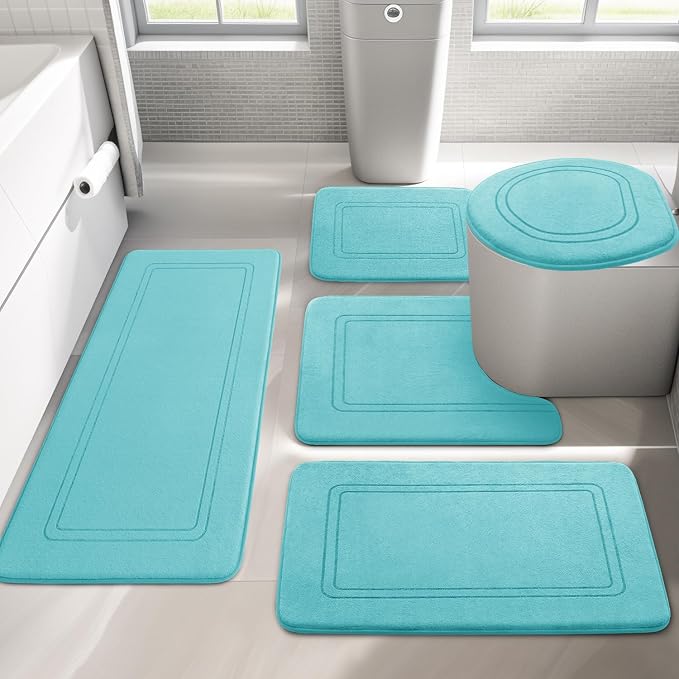 YIHOUSE Teal Memory Foam Bath Mat Set 5 Pieces