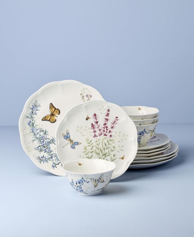 Lenox Butterfly Meadow Herbs Porcelain 12-Piece Dinnerware Set for 4 | ceramic, dishwasher safe, microwave safe | plates and bowls sets for kitchen and dining, dish set, dishes