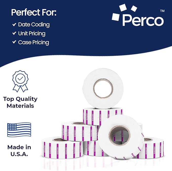 Perco 1 Line Purple Reverse Print on White Bakery Labels—80,000 Labels for Perco Lite, X, Plus & Pro Guns—with Tamper-Proof Design for Marking Breads, Pastries, Cakes—80 Rolls, 10 Sleeves—Made in USA