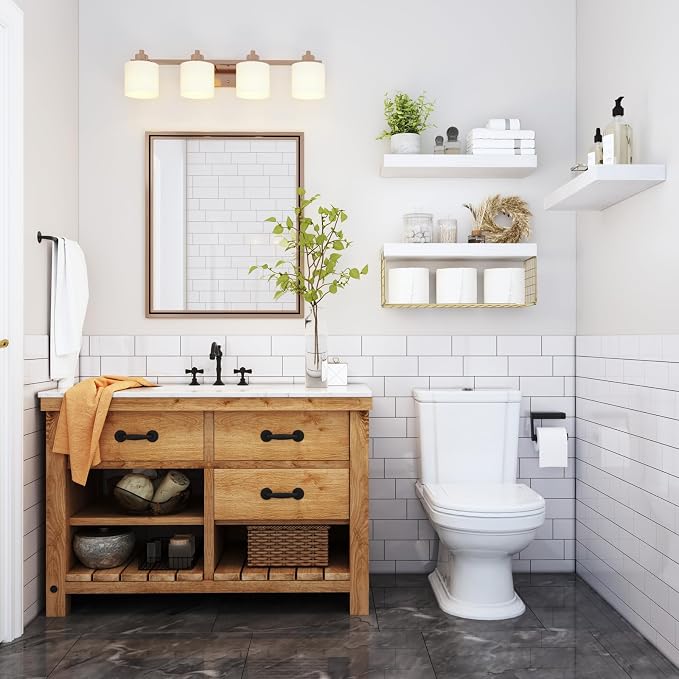 QEEIG Bathroom Shelves Over Toilet - Wall Mounted Floating Shelves Toilet Paper Storage Small Modern Decor Shelf 16 inch Set of 3, White and Gold (019-WG3)