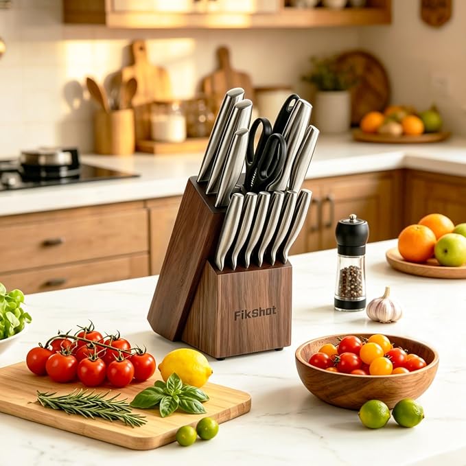 FIKSHOT 14 Pieces Knife Block Set German Stainless Steel with Sharpener | Razor-Sharp Santoku Knives, Fruit & Kitchen Knives, Rust Resistant for Homecooks, BBQ Prep (Silver + Walnut)