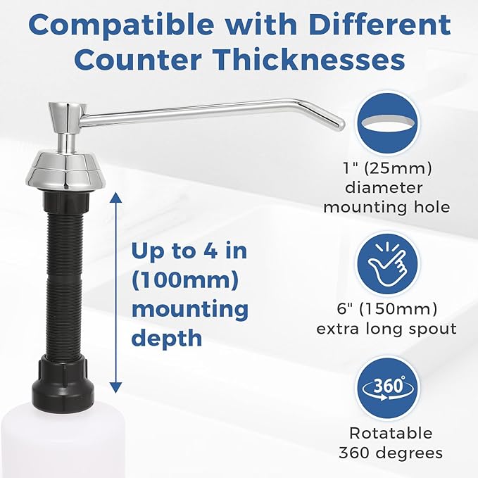 Stardrix Heavy Duty Brass Countertop Liquid Soap Dispenser, Commercial Grade Top Fill Built-in Soap Dispenser with 34 oz/ 1L Bottle for Bathroom, Kitchen, Public Restroom, Chrome Finish, 6” Spout