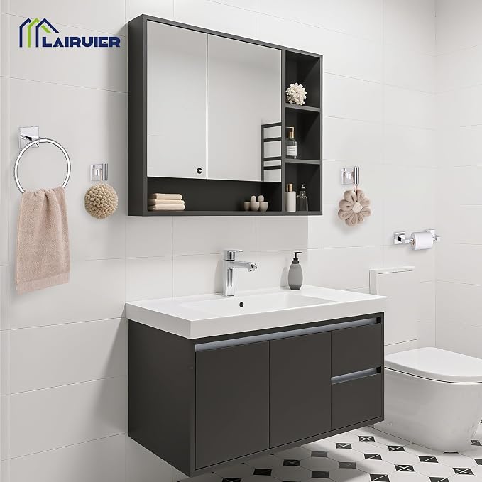 Towel Ring Set 4 Piece Bathroom Hardware Set Includes Towel Ring 2 Towel Hooks and Toilet Paper Holder Stainless Steel Wall Mounted (Polished Chrome)