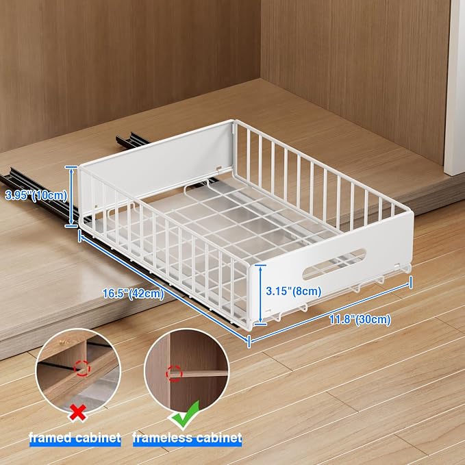 MUSTORN 2 Pack Pull Out Cabinet Organizer, Slide Out Cabinet Drawers Peel and Stick Pull Out Drawers Heavy Duty Pull Out Shelf for Kitchen, Cupboard, Pantry, Bathroom (16.5" D*11.8" W*3.94" H-White)