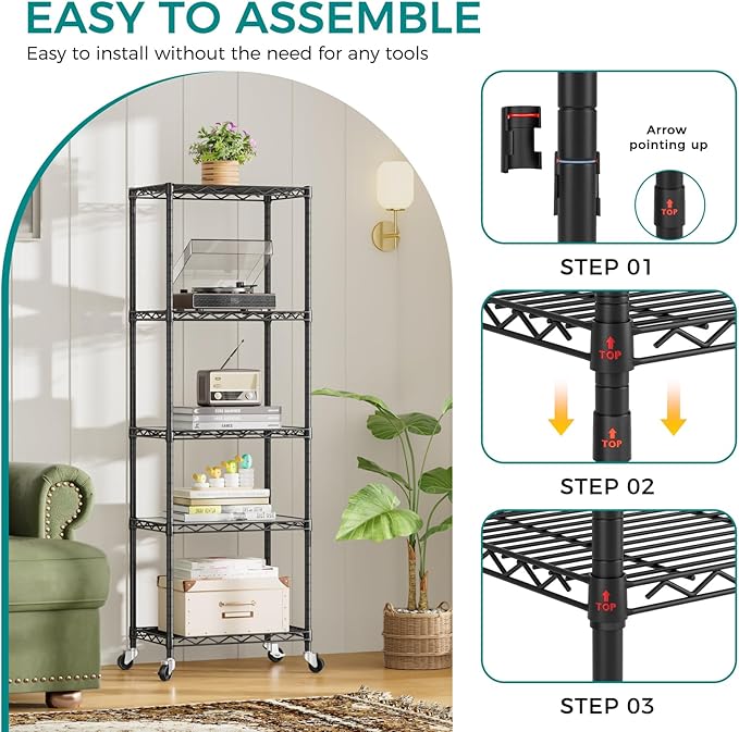 SINGAYE 5 Shelves Storage Shelf Wire Shelving Unit Metal Adjustable Wheels | Small Shelf Storage with Wheels Organizers Closet Unit for Bathroom Laundry Room Kitchen Pantry11.5D x 17.5W x 57H Black