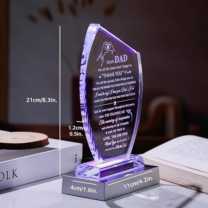 QIANWEI Fathers Day Dad Gifts from Daughter Son Unique Glass Plaque with Colorful Led Base, To My Dad Meaningful Birthday Present for Christmas Thanksgiving Valentines Day