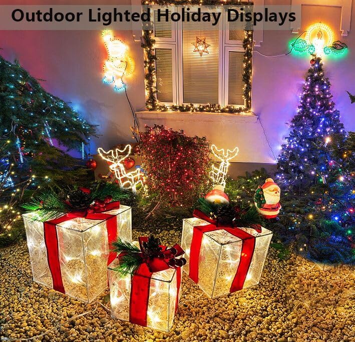 Christmas Decorations Indoor, Lauzior Set of 3 Christmas Lighted Gift Boxes 60 LED Light Up Xmas Present Ornament for Tree Indoor Outdoor Yard Holiday Door Decor- Small, Warm White Xmas Lights