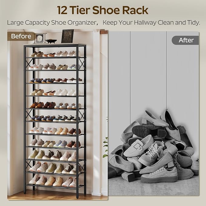 YATINEY 12 Tier Shoe Rack, Large Capacity Shoe Storage Organizer Holds 48 Pairs, Sturdy and Stable, for Entryway, Hallway, Closet, Dorm Room, Greige and Black SS12BG