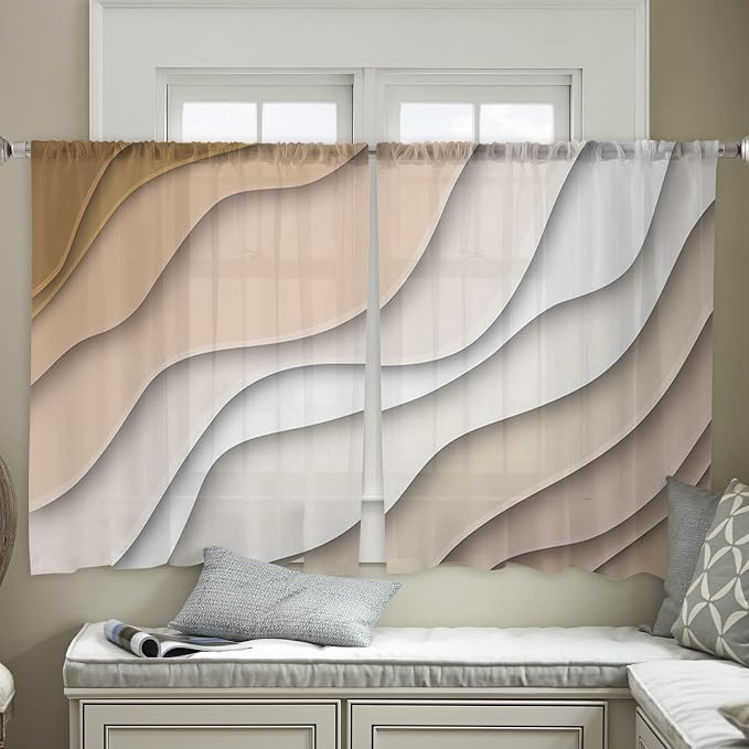 Geometric Sheer Curtain 45 Inch Rod Pocket Ombre Cream Beige Living Room Bedroom Kitchen Cafe Window Curtains & Drapes,Modern Abstract Ocean Beach Chiffon Tulle Curtains,Brown White 2 Panels 104"x45"