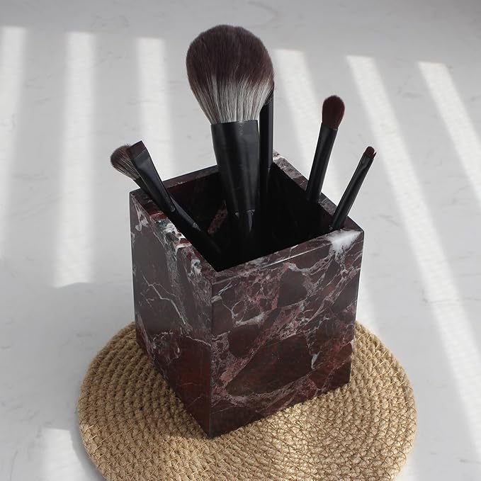 Rosso Levanto Marble Toothbrush Holders for Bathroom, Natural Marble Canisters, Makeup Brush Holder Countertop Organizer