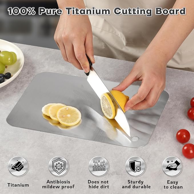 Katori Titanium Cutting Boards for Kitchen-100% Pure Titanium Cutting Board set Double Sided Non Toxic Titanware Chopping Board,Dishwasher Safe Metal Cutting Boards FathersDay Gifts(2PC-S+L)