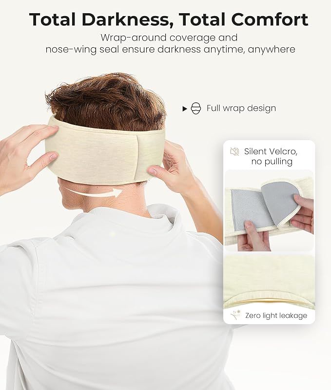 MUSICOZY Bluetooth 5.4 Sleep Headphones Eye Mask with Seaweed Fiber Cotton, Ultra Soft Fully Wrapped Sleep Mask with Headphones for Side Sleepers, 14 Hours Playtime, Gifts for Men Women, Beige