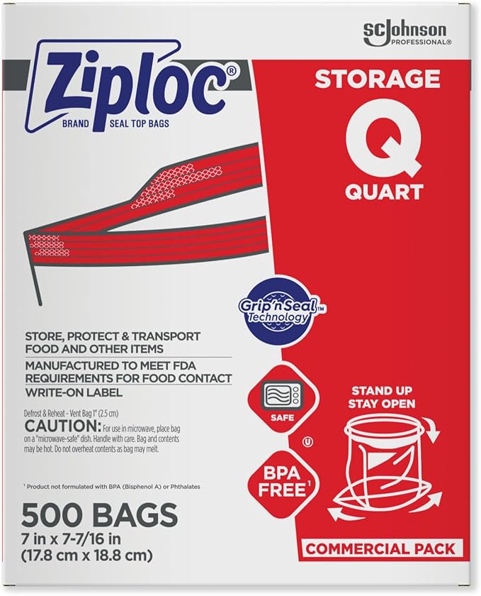SC Johnson Professional, Ziploc Storage Bags, For Food Organization and Storage, Double Zipper Seal, Easy-Open Tabs Quart, 500 Count