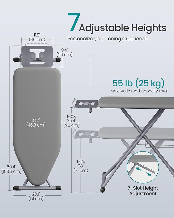 SONGMICS Folding Ironing Board Extra Wide, 18x49, 7-Level Adjustable Height Iron Board with Iron Rest, Cord Holder, Storage Rack, Steel, for Laundry Room, Gray, Borix Collection ULLB010GD01S