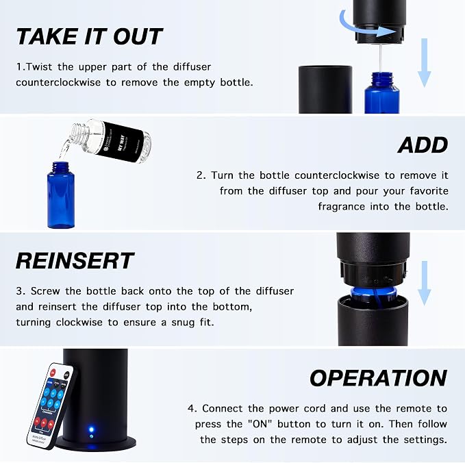 Hotel Waterless Scent Diffuser with 6 Fragrance Oils Covers up to 700 Sq Ft | Cold air scent diffuser with APP control, 6 fragrance oils, open bottle design, quiet operation, and 700 sq ft coverage.