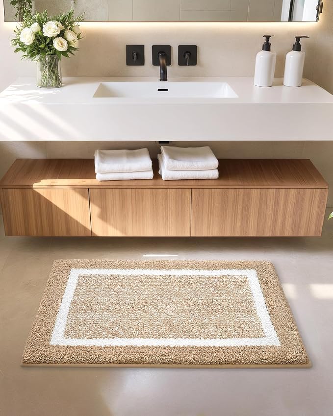 Color&Geometry Bathroom Runner Non Slip, 24"x59" Khaki Bath Runner Rug, Absorbent, Soft, Washable, Microfiber Bath Mat Bathroom Carpet