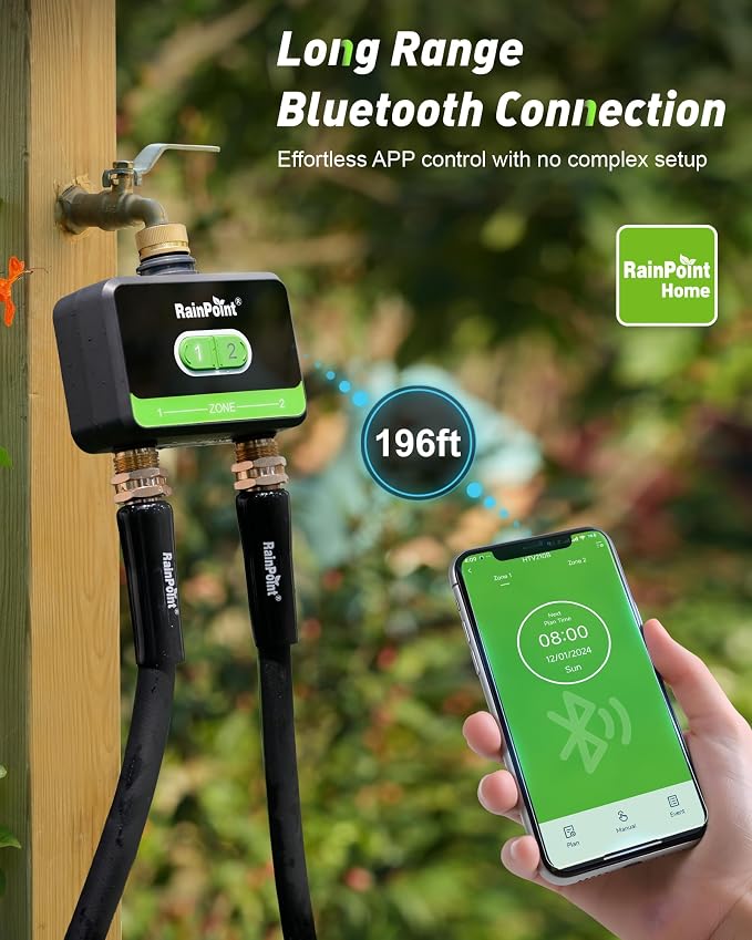RAINPOINT Smart Water Timer, Smart Hose Timer 2 Outlet with Brass Inlet & Outlet (Not Gateway), Wireless Sprinkler Controller with Rain Delay, Automatic Irrigation System for Lawns and Yard