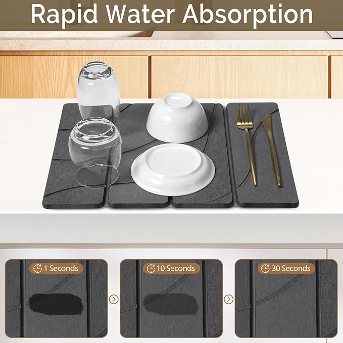 Small Stone Dish Drying Mat for Kitchen Counter, 2 PCS 16"×12" & 8"x4" Quick Dry Stone Mats, Foldable Water Absorbing Diatomite Drying Dish Pad for Countertop Bottles Utensils Cups(Carved Gray)